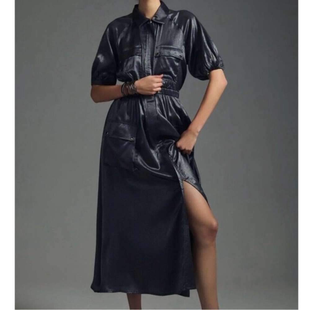Anthropologie Samant Chauhan Utility Shirt Dress Metallic Slate Maxi Pocket-LP